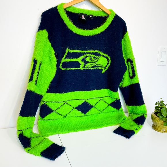 seattle Seahawks Sweaters - NFL SEATTLE SEAHAWKS Green & Blue Fuzzy Sweater